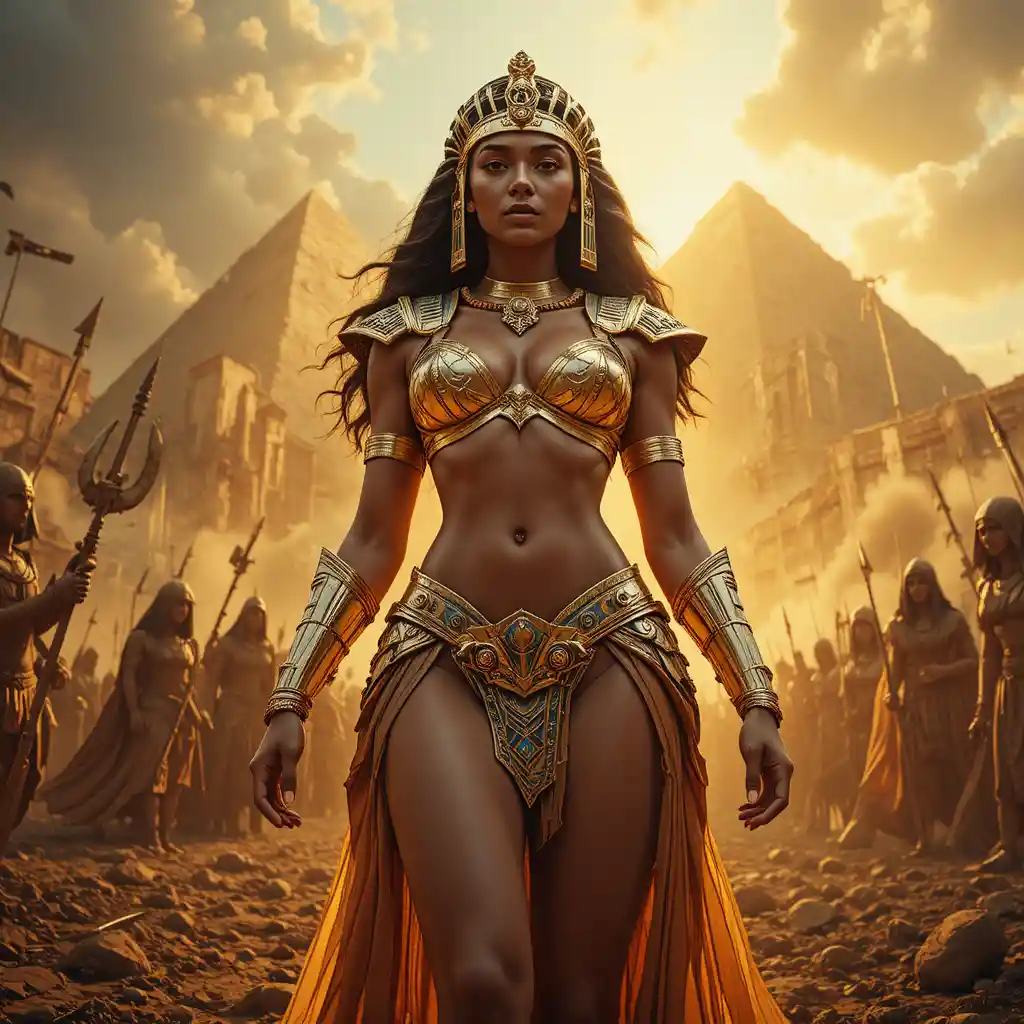 Triumphant warrior queen in golden fantasy battlefield armor