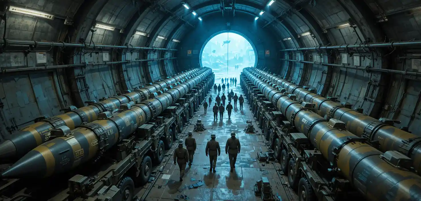 Cinematic view inside underground missile bunker with soldiers