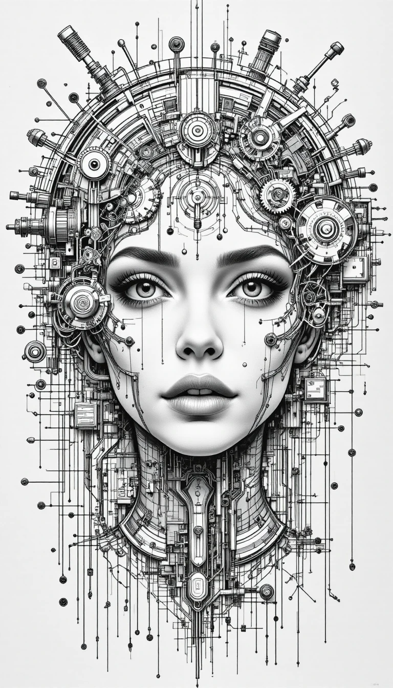 Cybernetic woman portrait with mechanical facial details