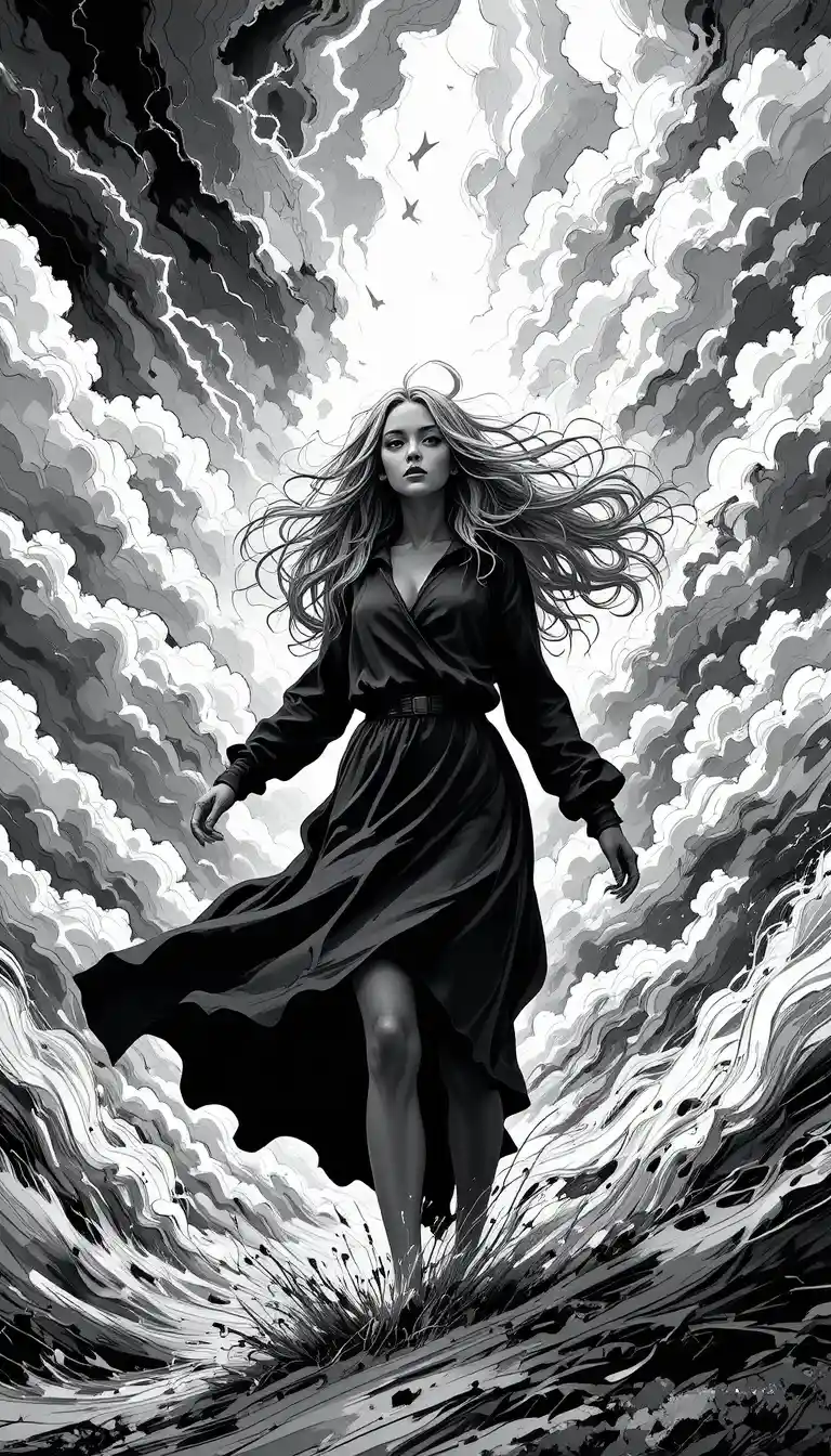 Girl with flowing hair in a storm of wind and lightning