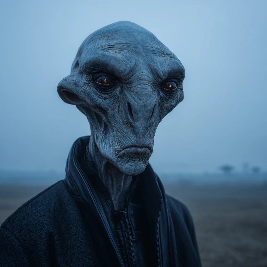 Außerirdische Gestalt in einer fernen epischen Sci‑Fi‑Landschaft