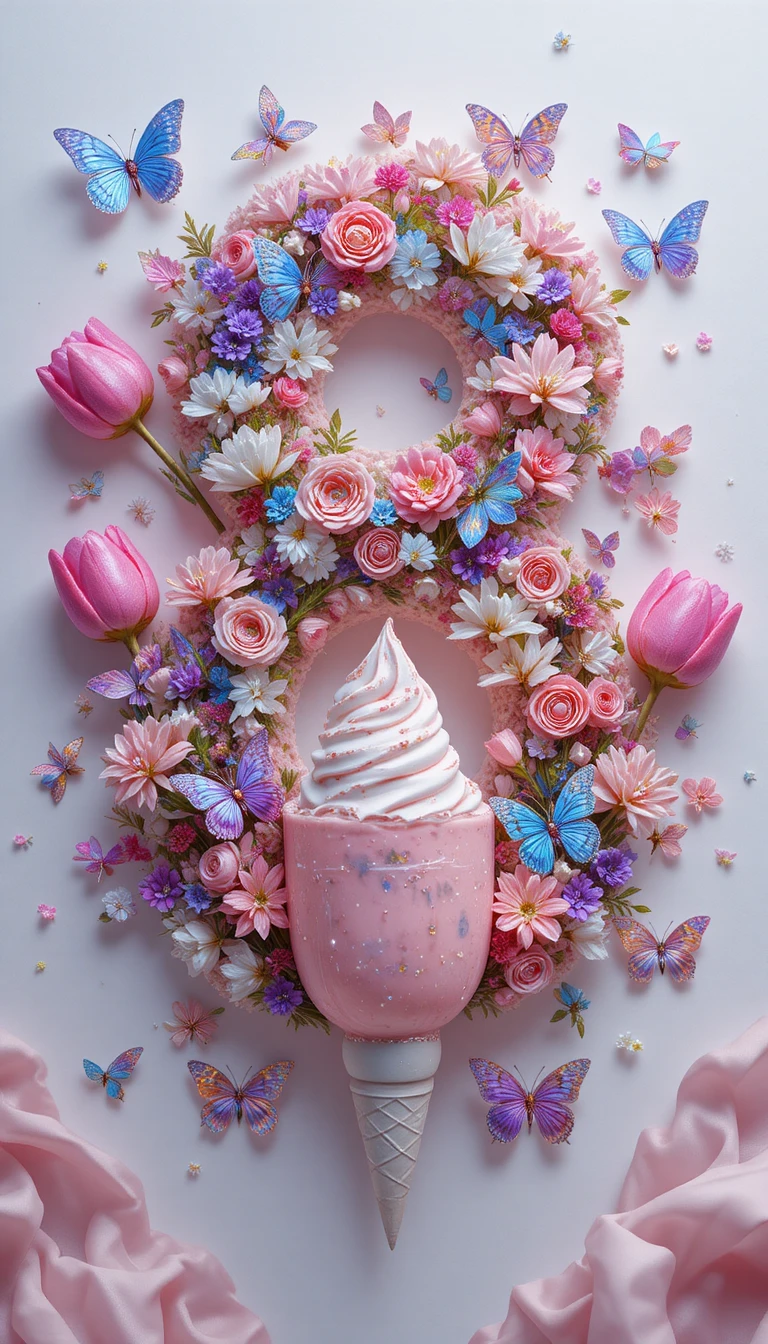Glittering 3D number eight with tulips and butterflies