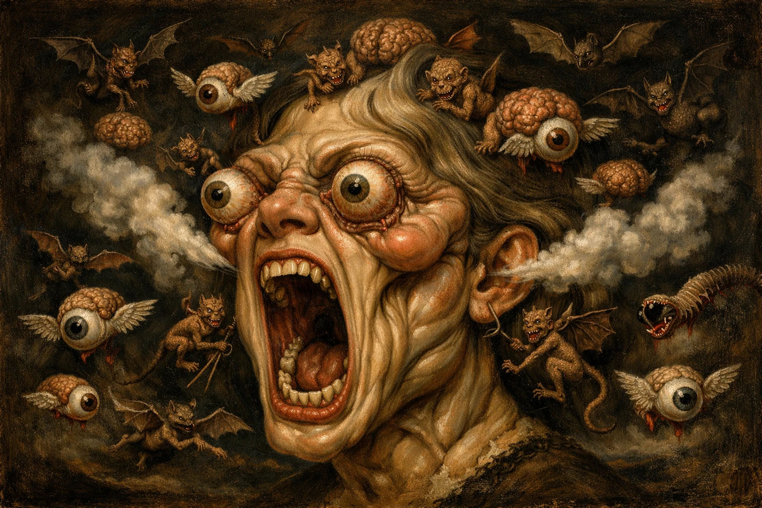 Surreal Distorted Woman Head With Macabre Flying Creatures