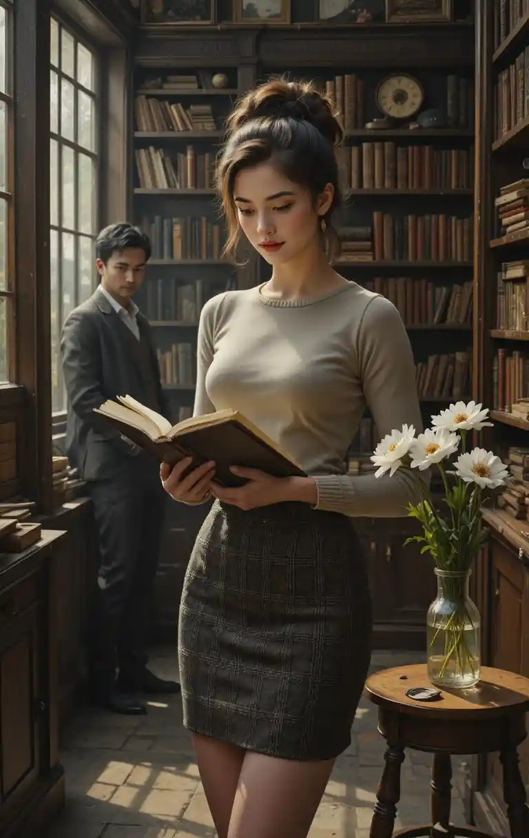在溫暖古董書店中瀏覽書籍的優雅女子