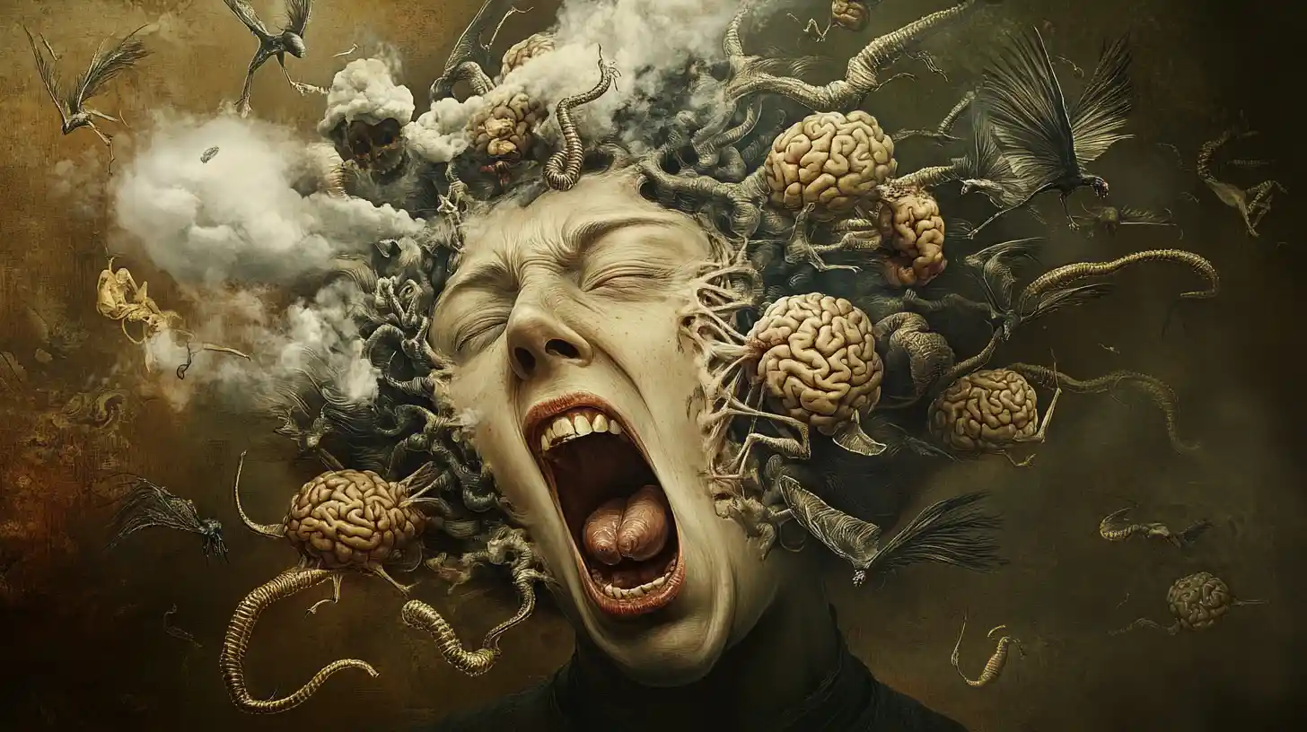 Cabeça de mulher distorcida surreal com criaturas demoníacas voadoras