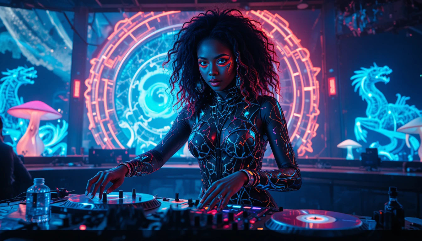 Female DJ dancing in a neon psy trance nightclub