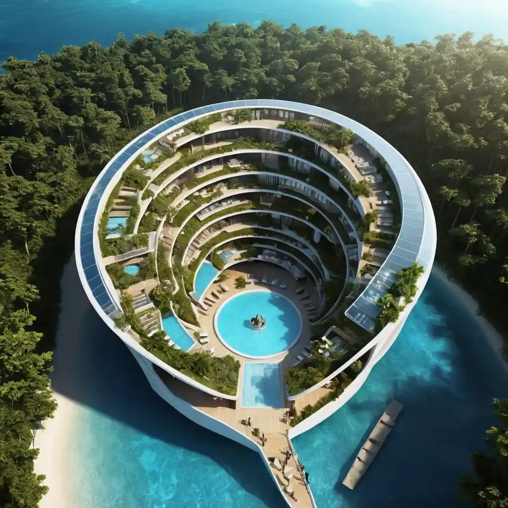 Futuristic nautilus eco resort with fibonacci inspired architecture