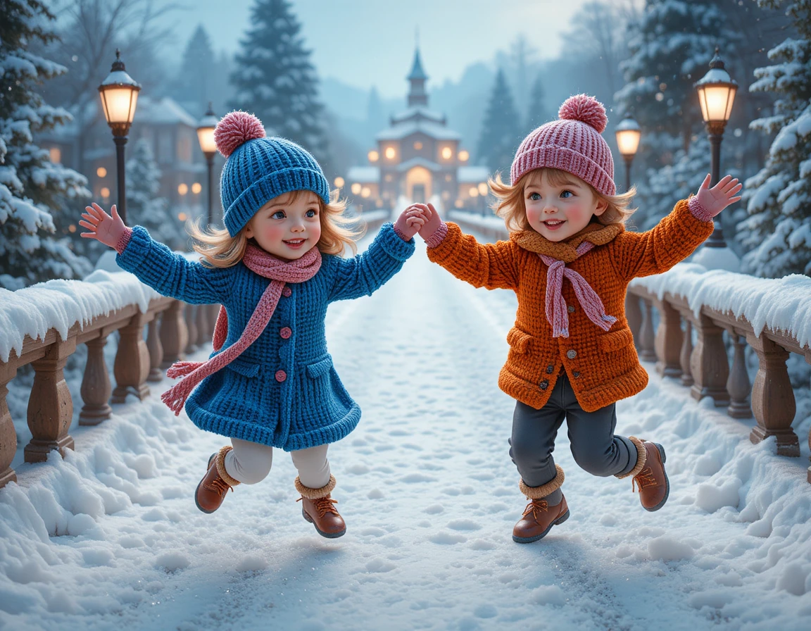 Two joyful children jumping on a snowy winter bridge