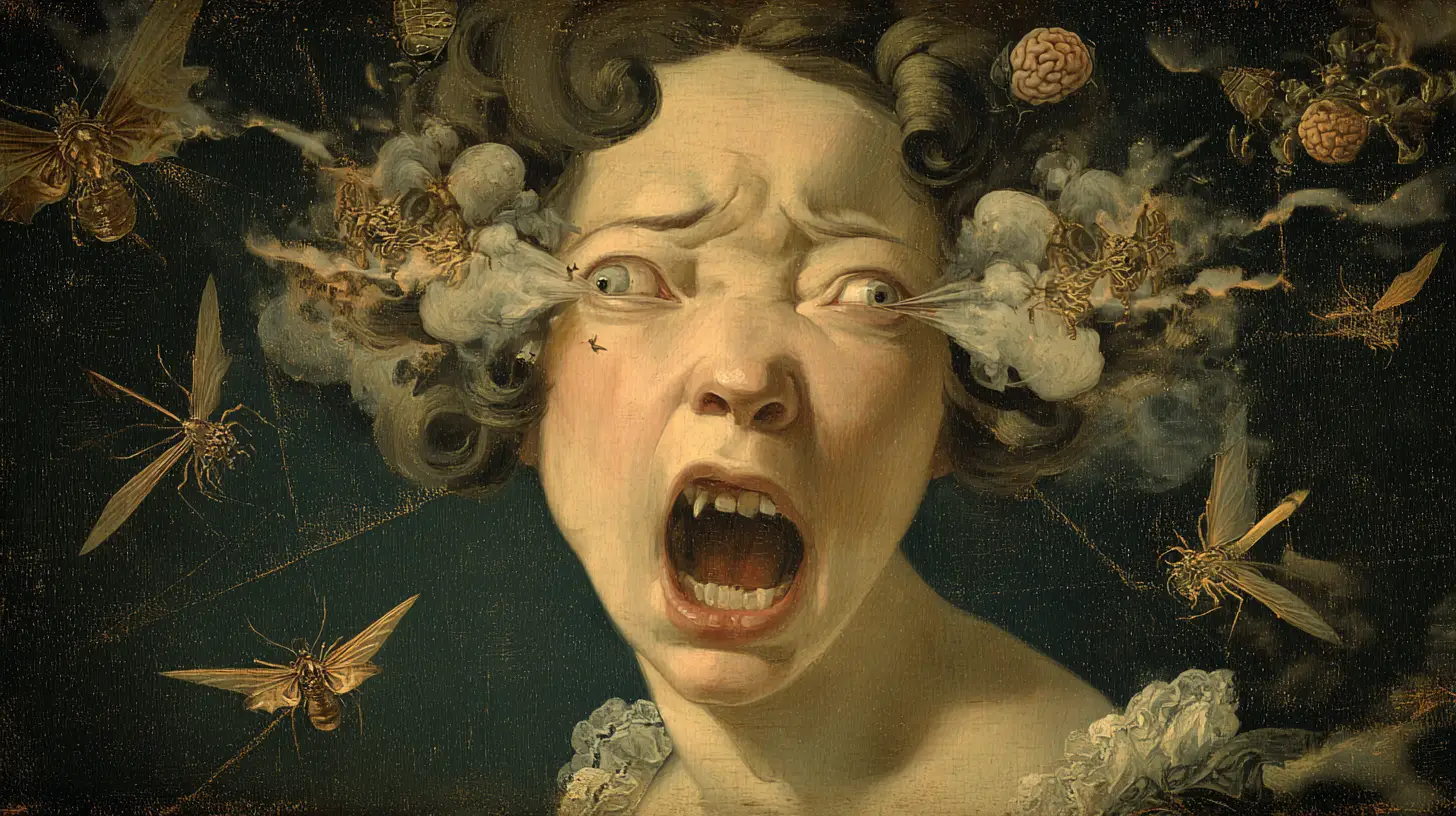 Surreal Distorted Woman Head With Demonic Flying Creatures