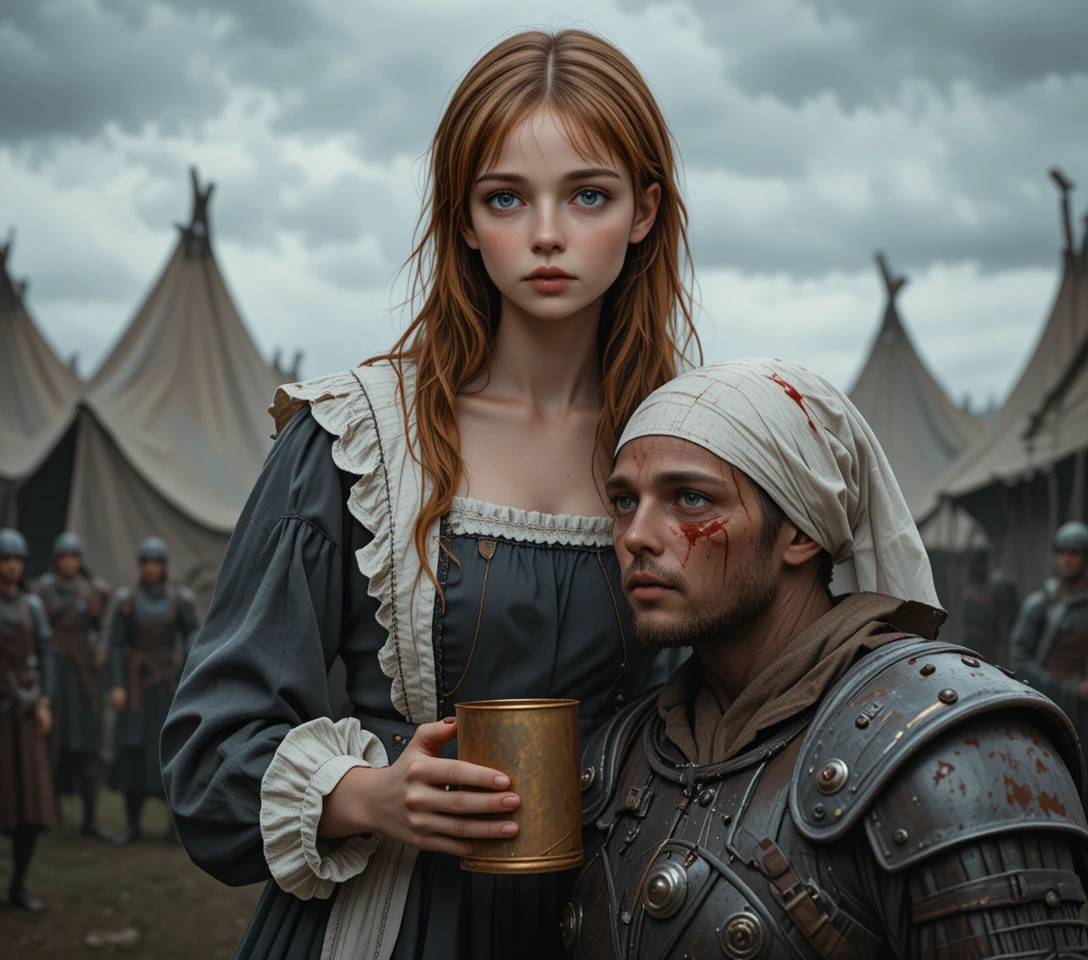 Young field nurse tending a wounded armored warrior