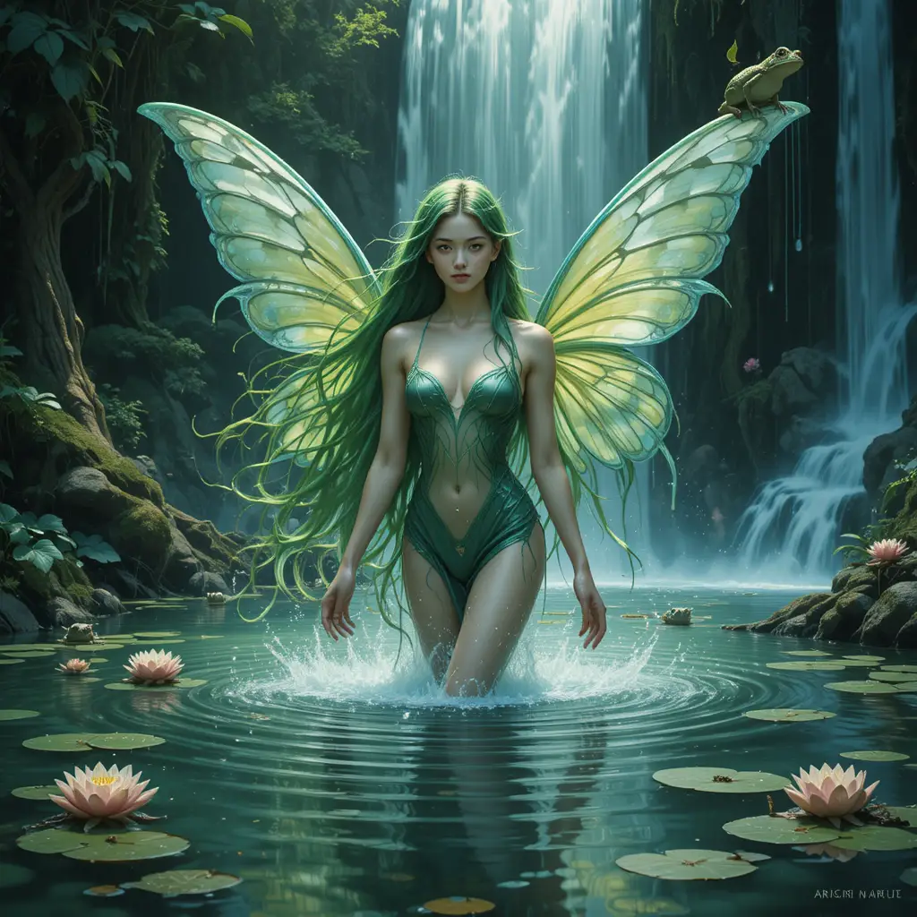 Forest water nymph bathing beneath a gentle waterfall