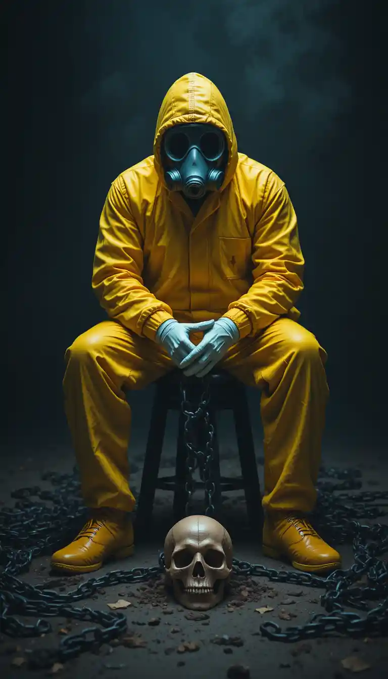 Uomo in tuta gialla hazmat con teschio e catene