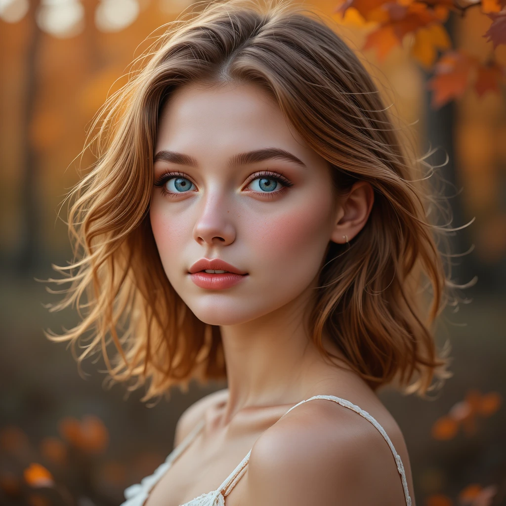 Portrait d’une jeune femme aux yeux bleus dans la lumière d’automne