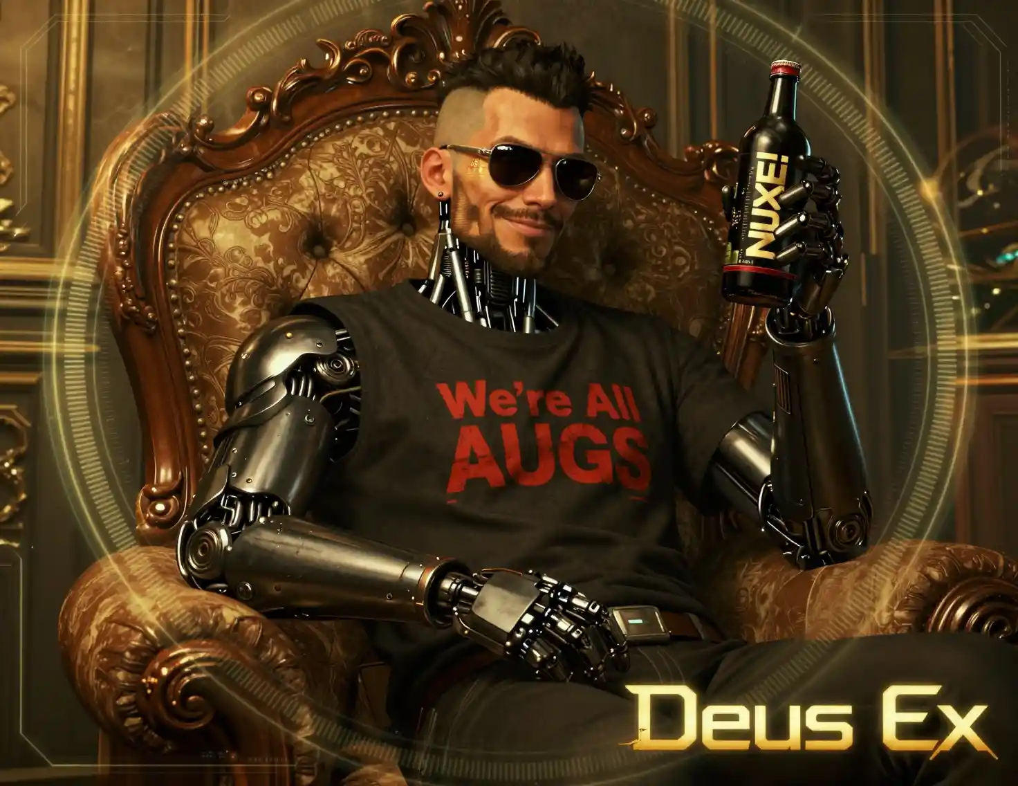Augmented detective relaxing with drink in cyberpunk bedroom