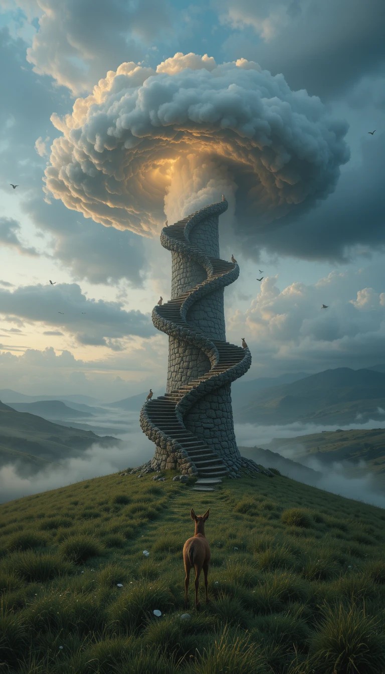 Escalera de piedra en espiral que se eleva hacia nubes crepusculares resplandecientes