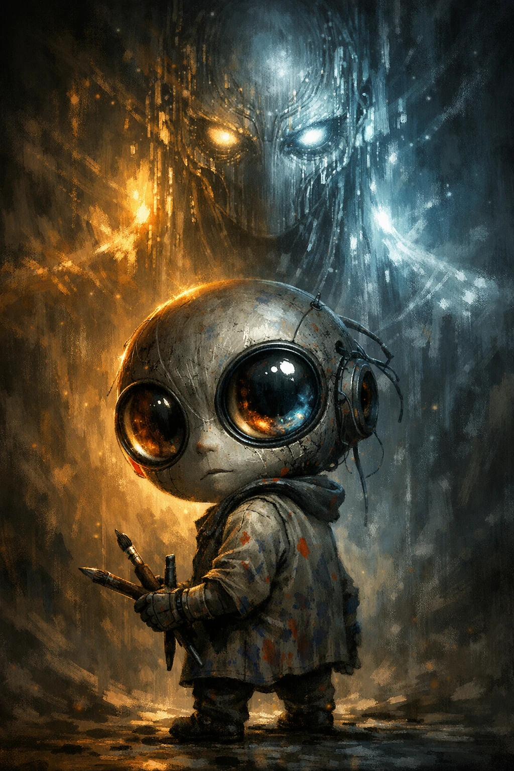 Surreal portrait of an AI artist facing a towering presence
