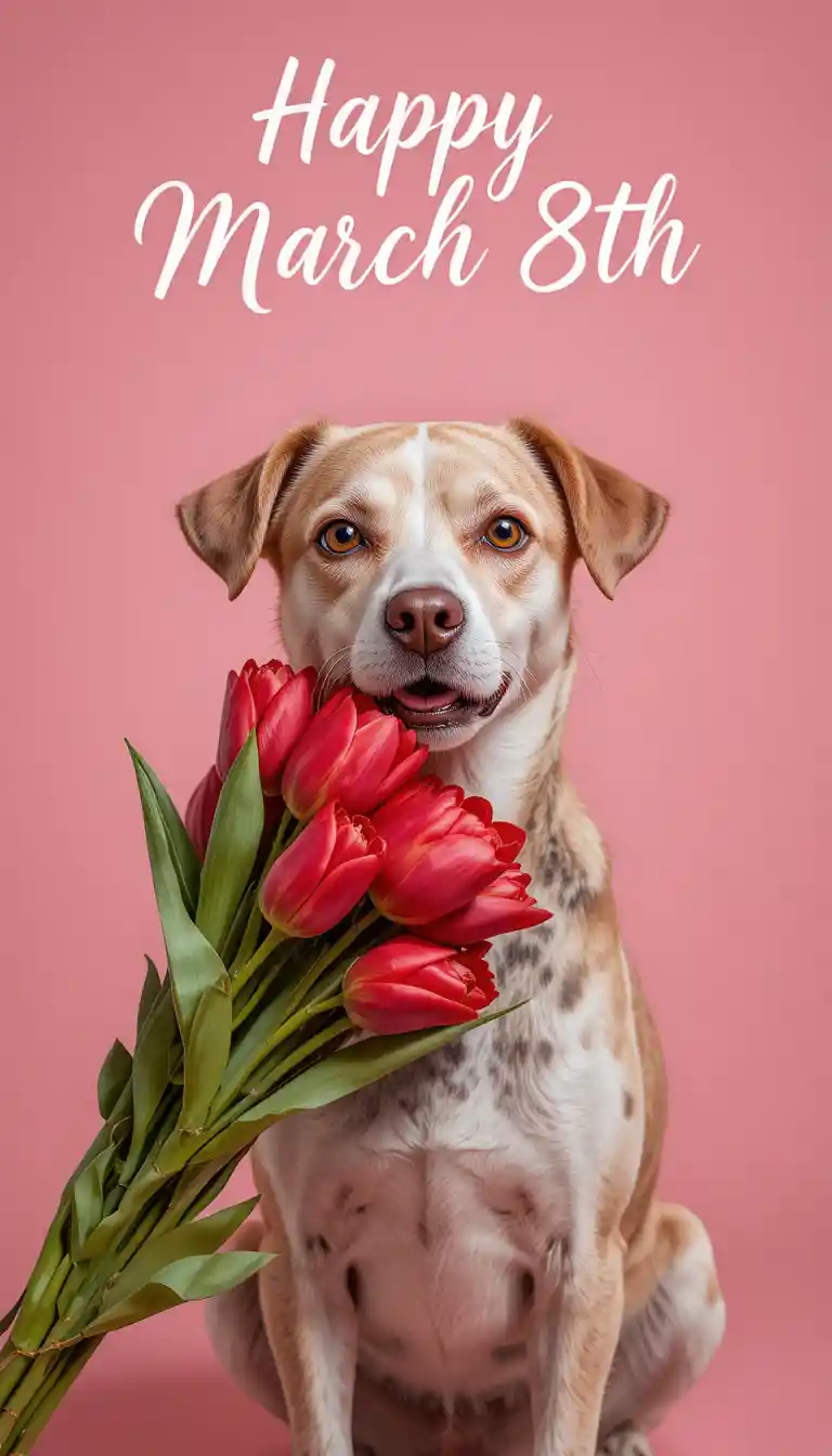 Retrato de gato con ramo de tulipanes rojos sobre fondo rosa
