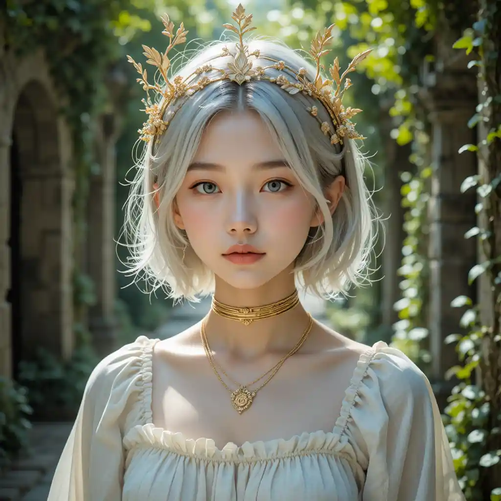 Silver haired youth in crown on ivy covered stone path