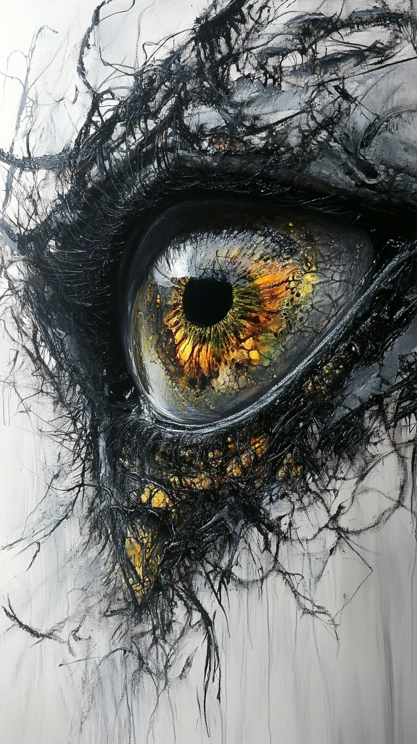 Abstract insect with large reflective eyes in mixed media