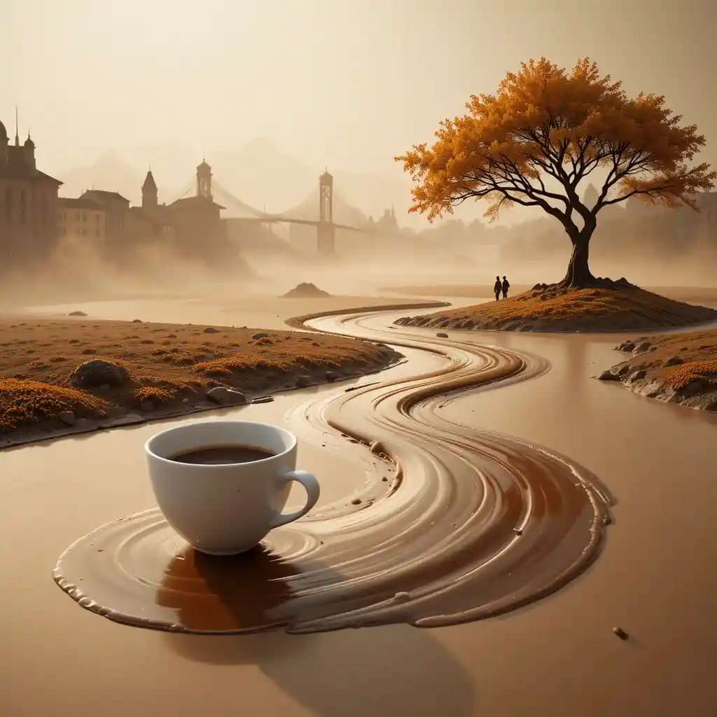 Coffee Cup Pouring Into A Surreal Espresso River Landscape