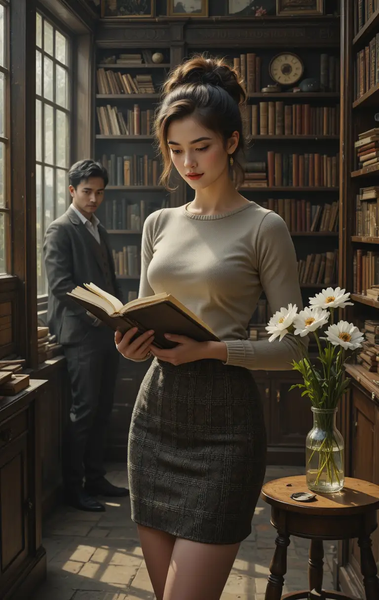 在溫暖古董書店中瀏覽書籍的優雅女子
