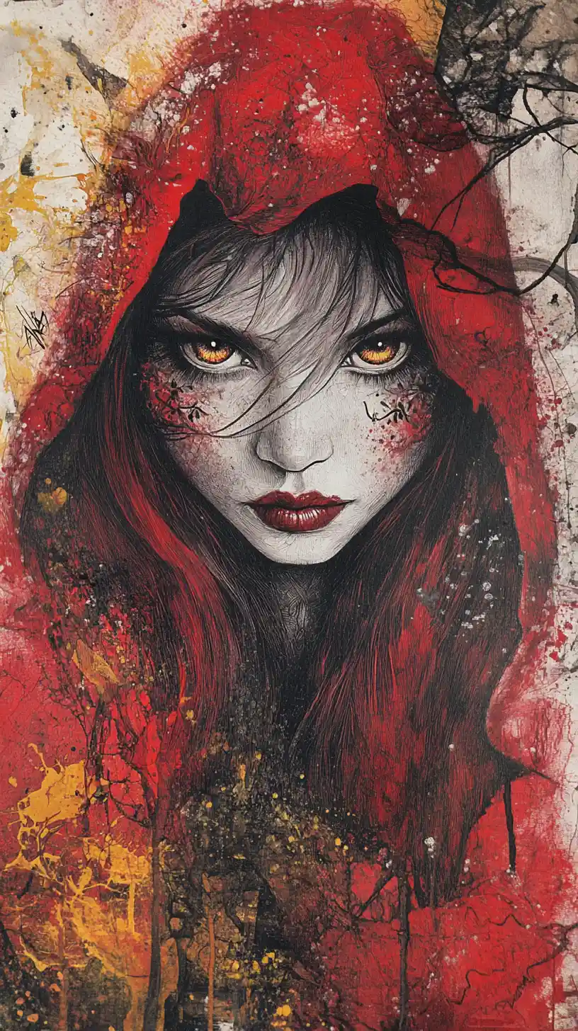 Caperucita Roja surreal con ojos hipnóticos en un mundo de ensueño
