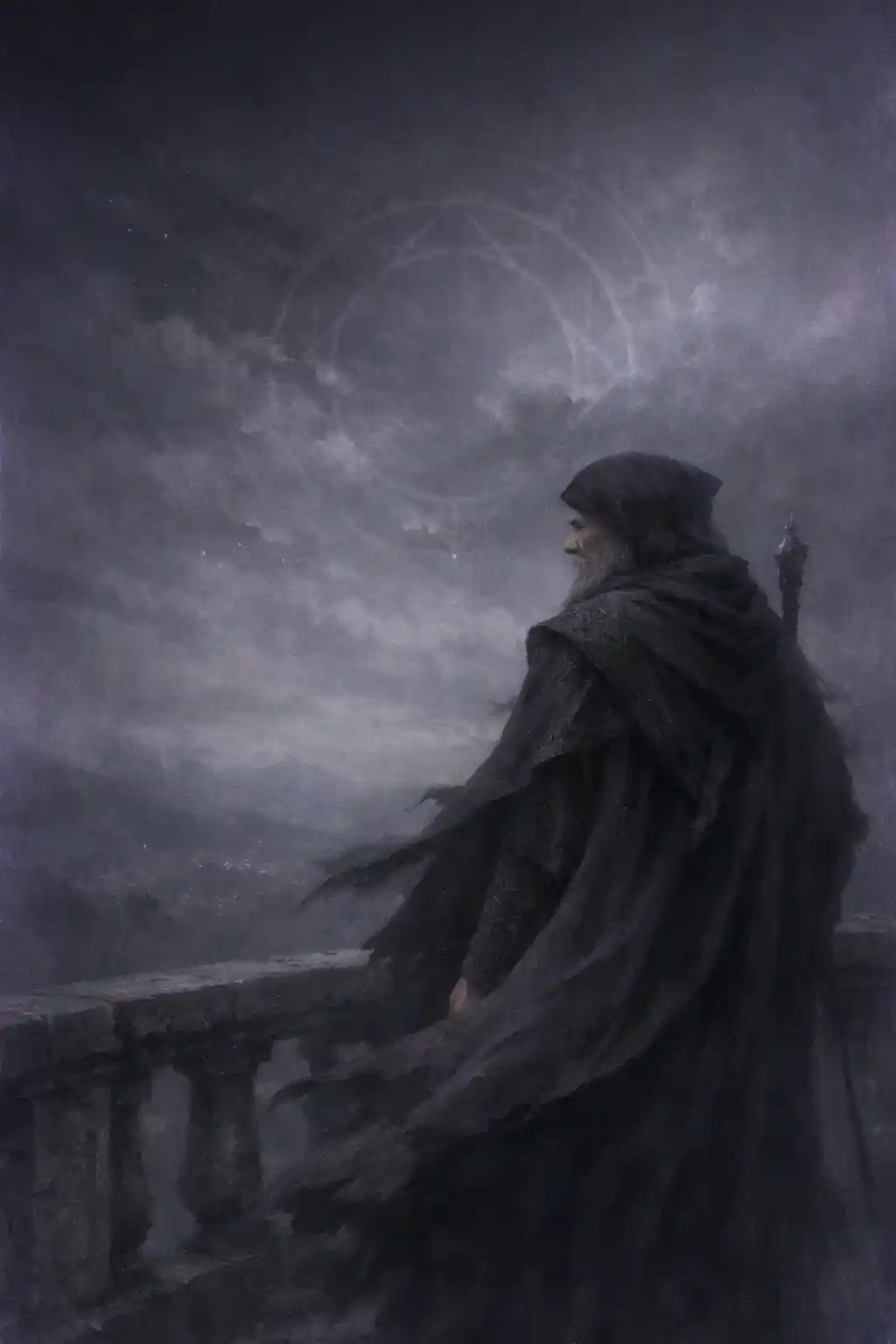 Medieval archmage on balcony under fractured night sky