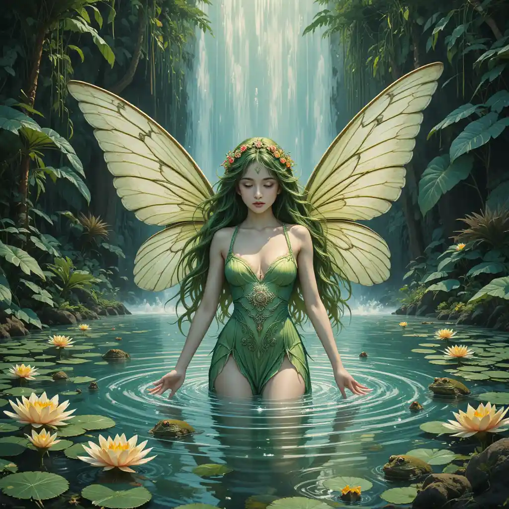 Nymphe de l’eau aux cheveux verts se baignant sous une cascade en forêt