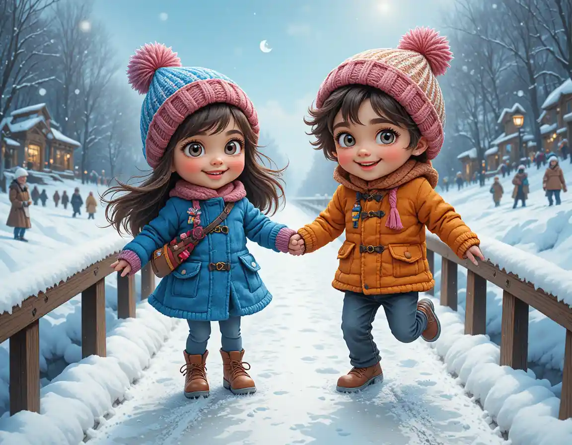 Dos niños felices saltando en un puente nevado de invierno