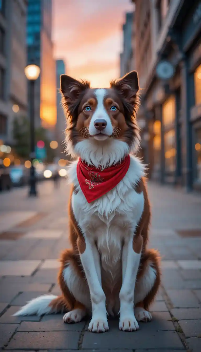 Border collie with red bandana on city sidewalk at sunset