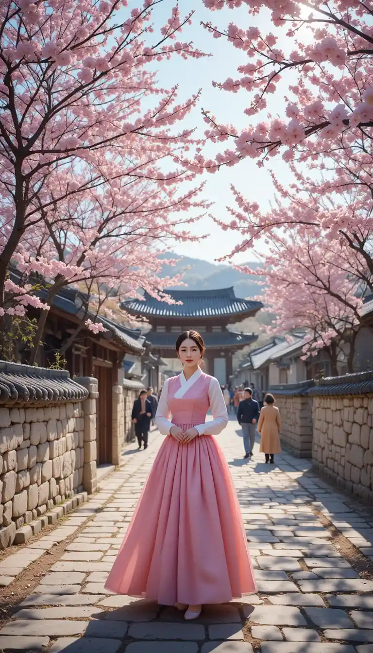 Woman in hanbok walking under spring cherry blossoms