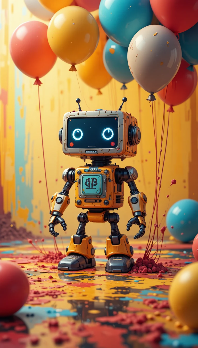 Tierno robot píxel con globos sobre un suelo colorido y mojado