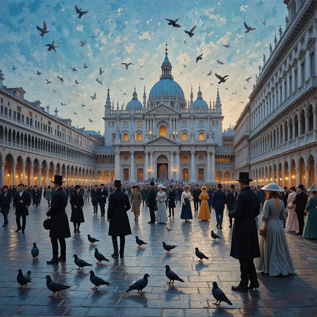 Folla Serale Puntinista in Piazza San Marco a Venezia