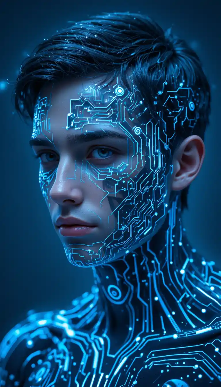 Young man with glowing blue digital circuitry face