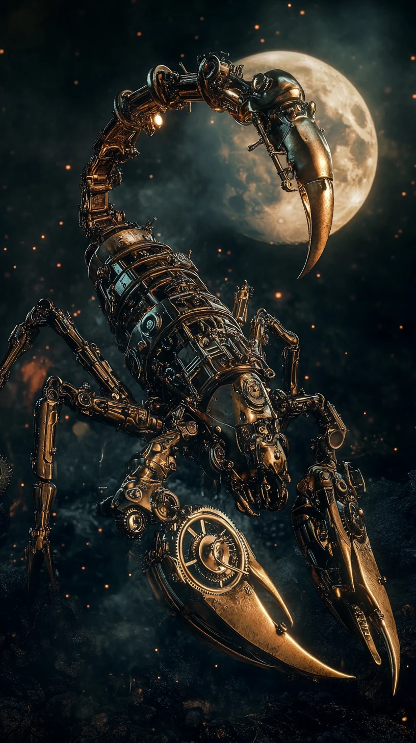 Mechanischer Steampunk-Skorpion unter einem leuchtenden Vollmond