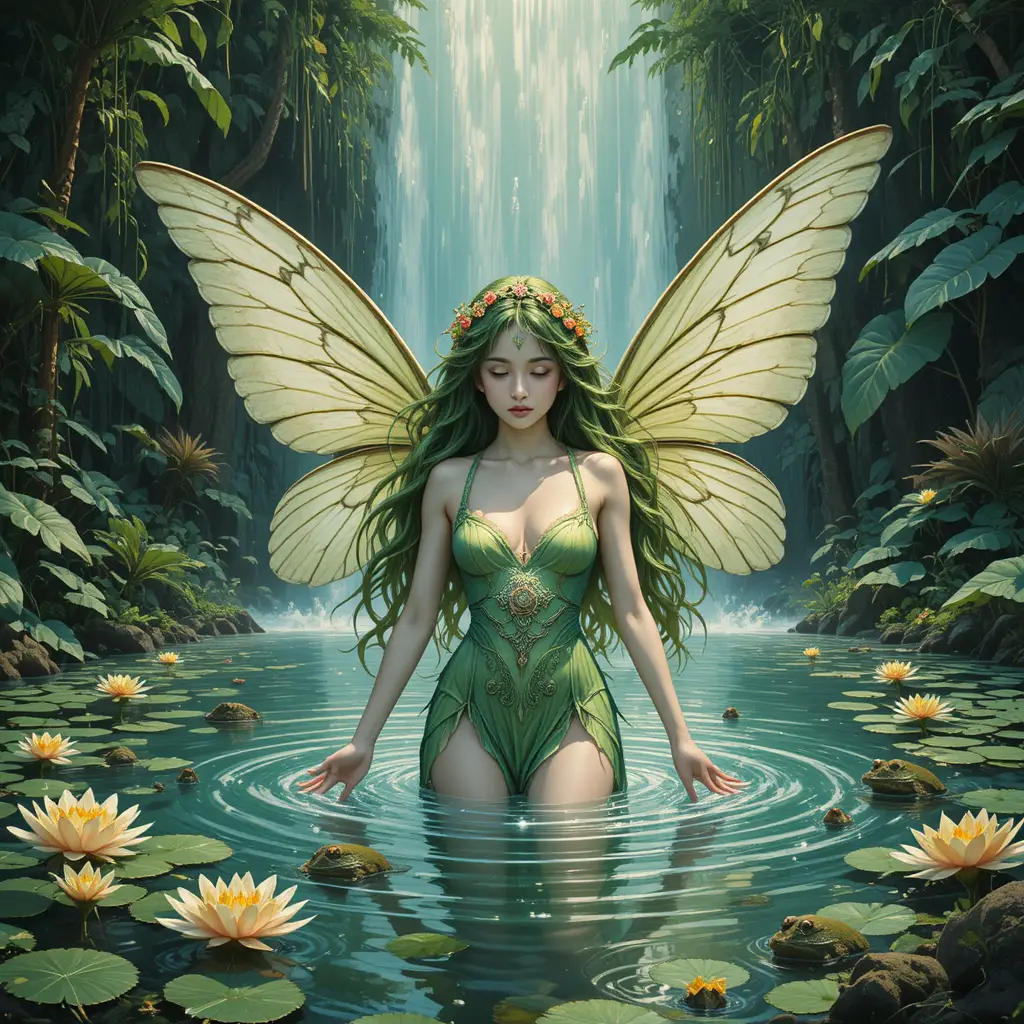 Green haired water nymph bathing beneath forest waterfall