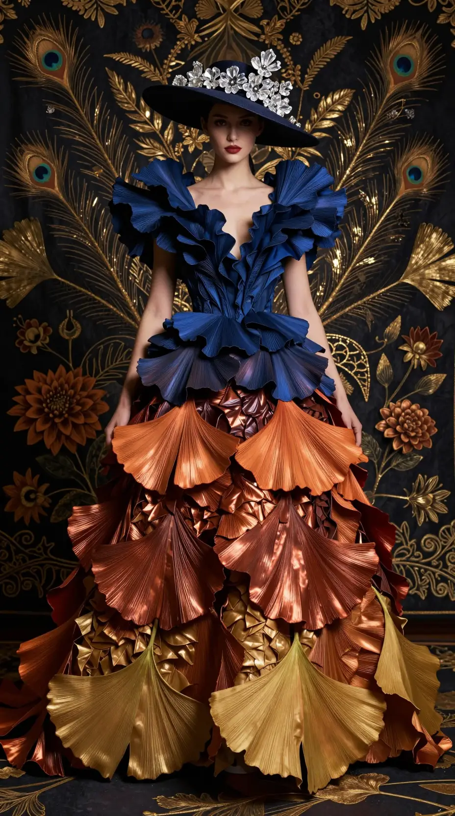 Surreal fashion portrait in sculptural floral leaf gown