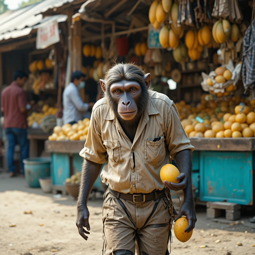 Monkey stealing mangoes in a lively village market