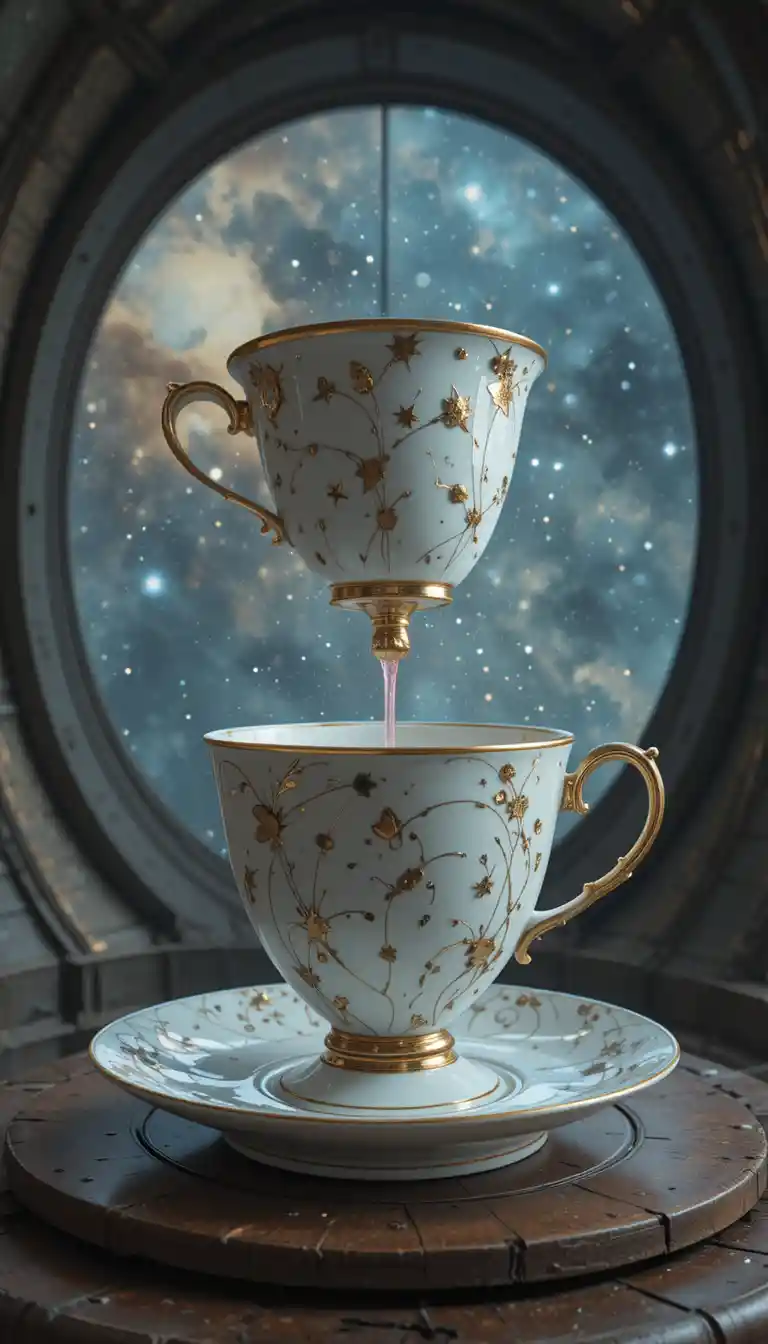 Surreal spinning teacup against a distant cosmic nebula