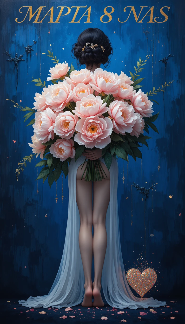 Mujer con vestido blanco y peonías rosas sobre fondo azul