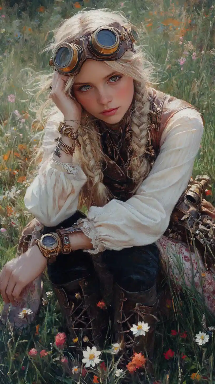 Donna steampunk che riposa sognante in un prato fiorito al sole