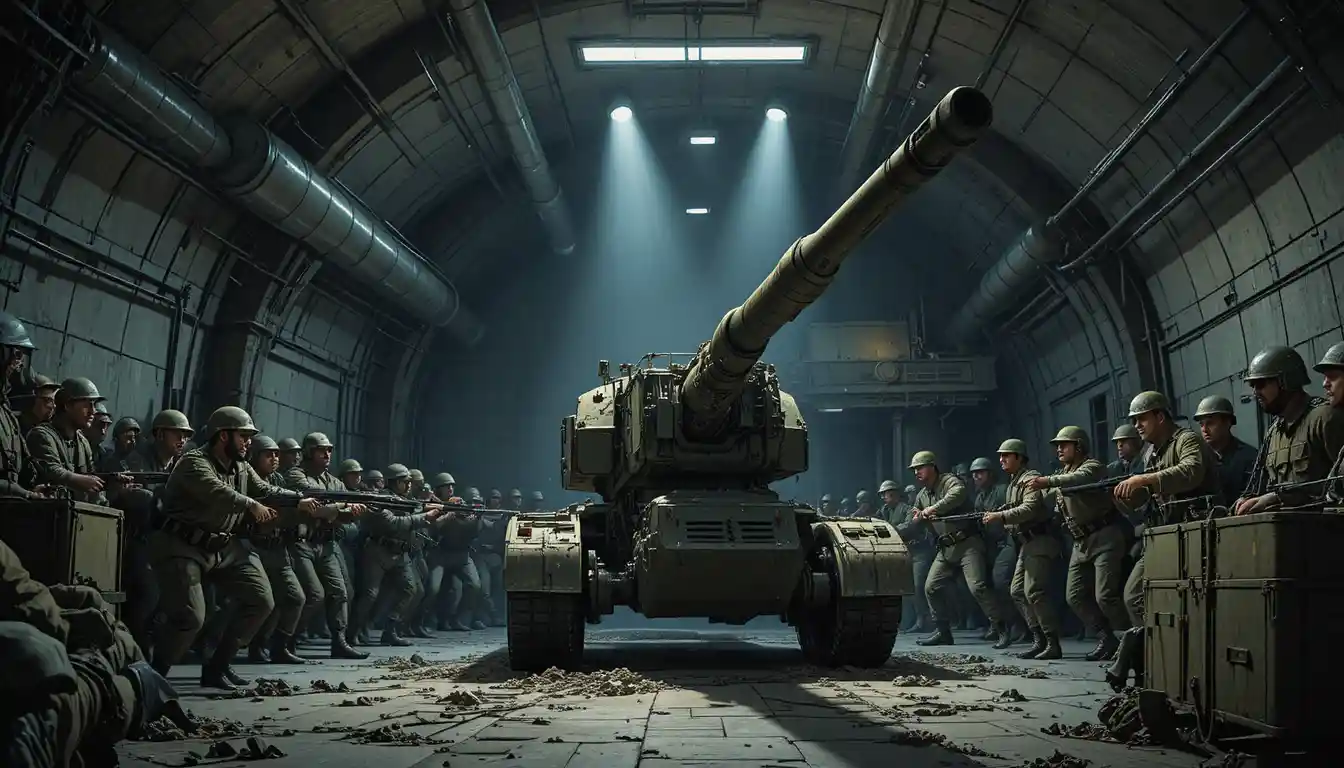 Soldiers lifting a massive rocket launcher in dark bunker