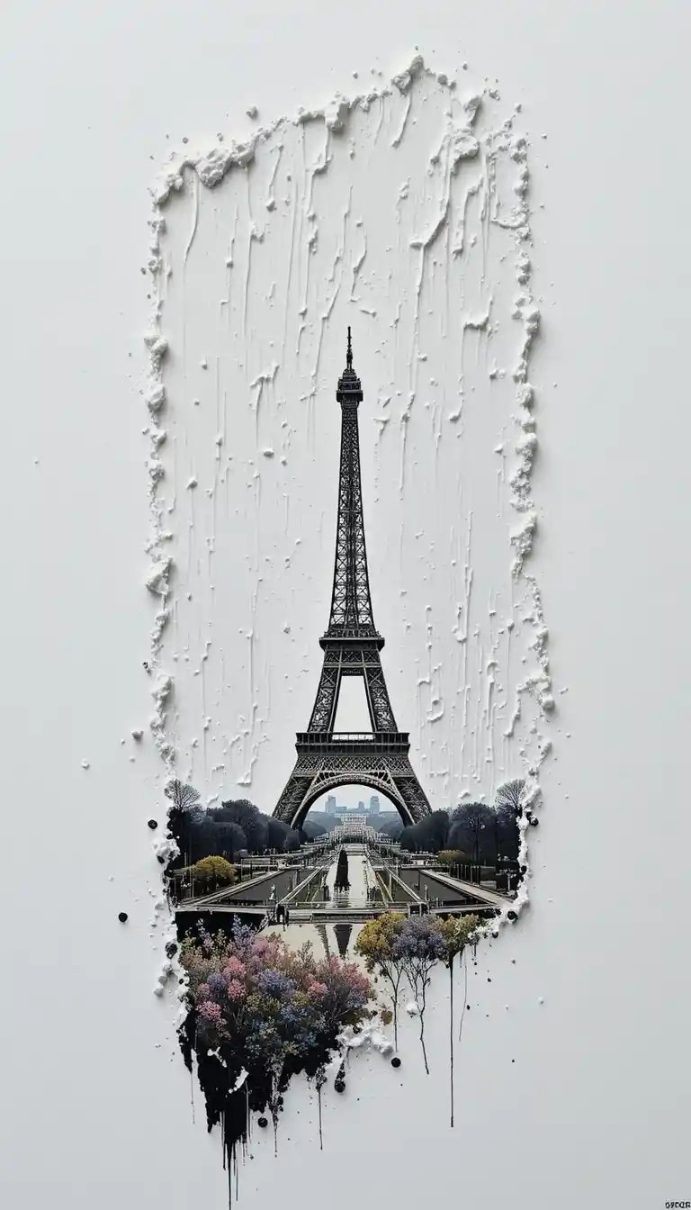 Primo piano di pennellata acrilica che rivela il paesaggio urbano della Torre Eiffel