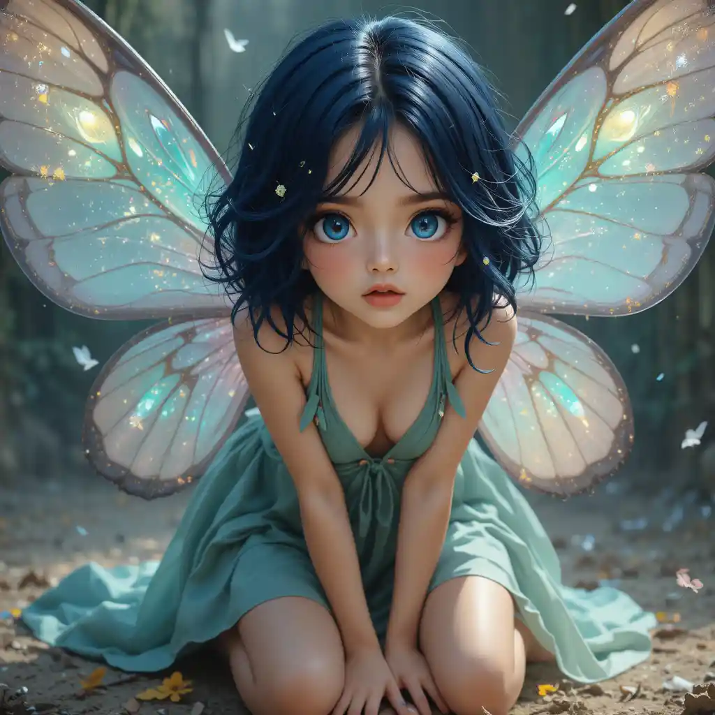 Curious winged girl kneeling in a fantasy illustration