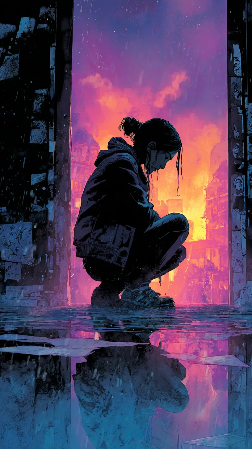 Young girl crouching in an abandoned room at dusk