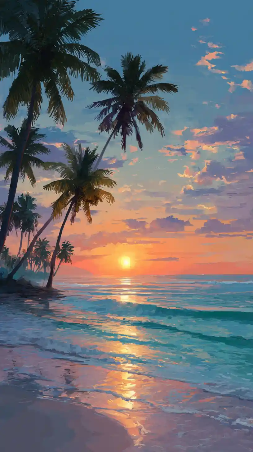 Tropical beach sunset with glowing sky and palms