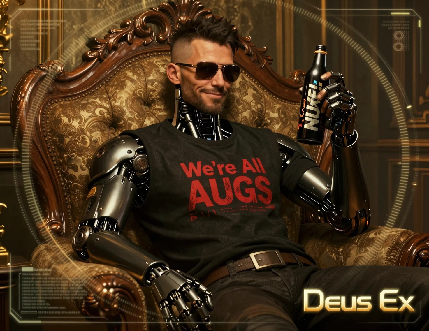 Augmented detective relaxing with drink in cyberpunk room