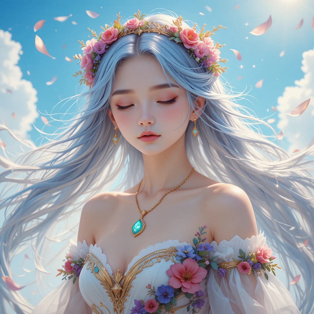 Silver haired fantasy girl with floral crown and pendant