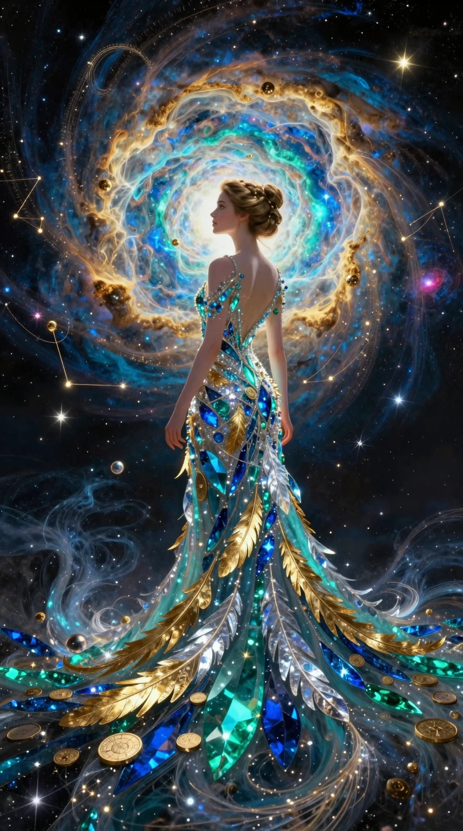 Elegante donna che emerge da una nebulosa cosmica luminosa