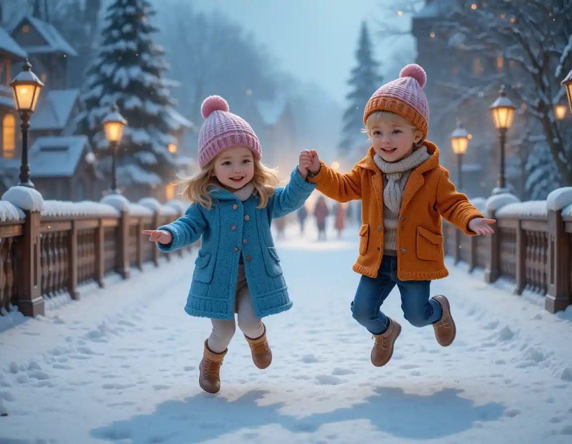 Joyful children jumping together on a snowy bridge
